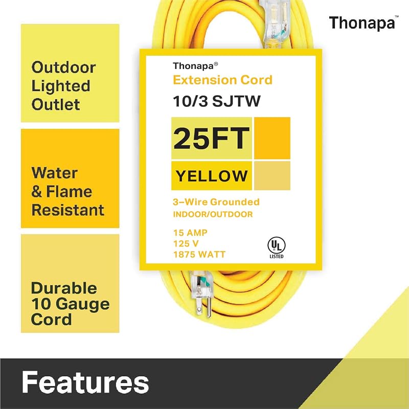Cable extensión 25pies 10/3 3 clavijas SJTW amarillo