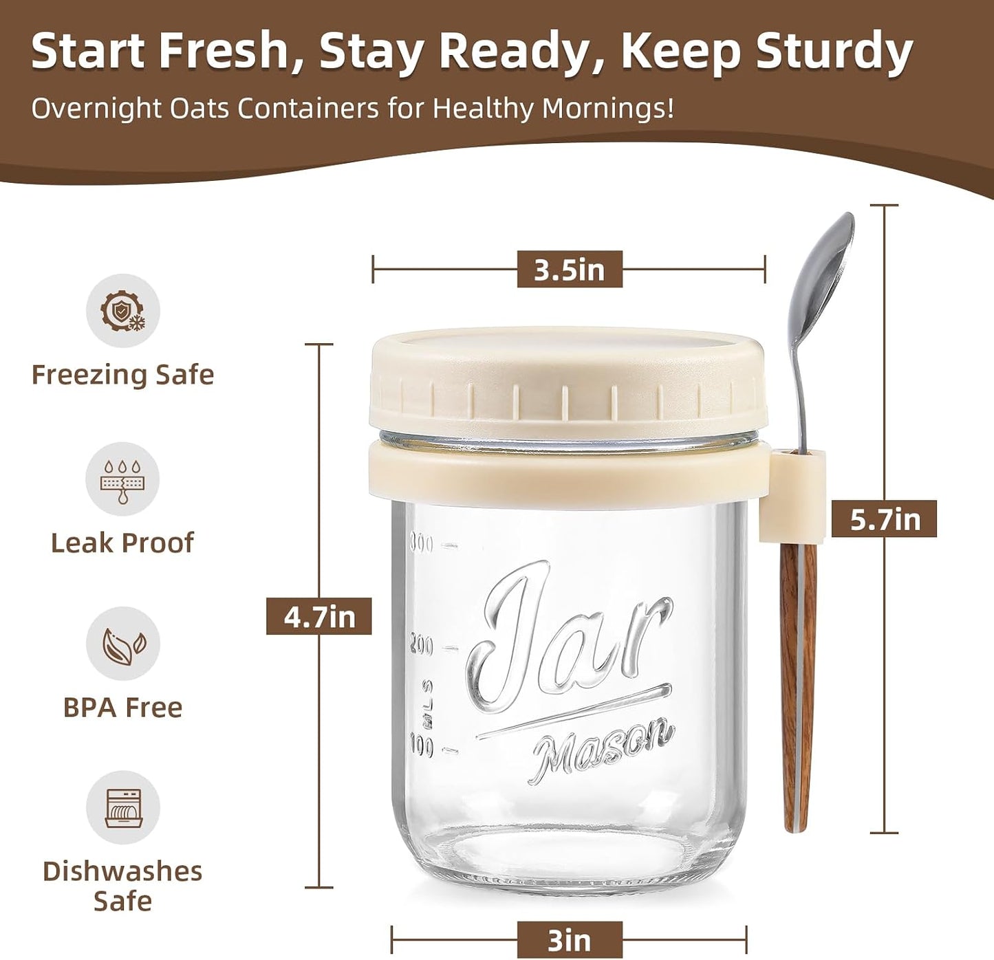 6 Tarros Vidrio 16oz con Tapa y Cuchara para Avena Leche