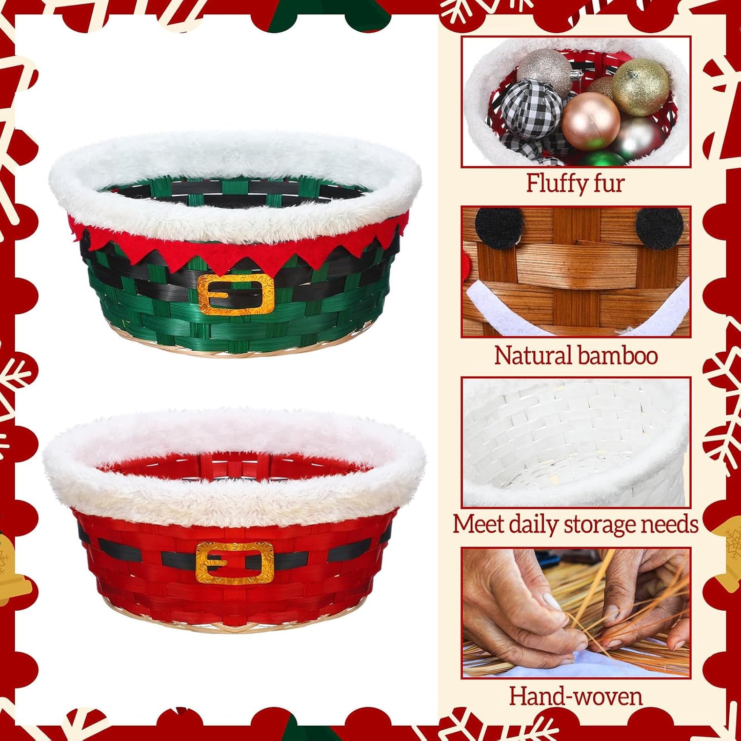 4 Pzas Cesta Bambú Navideña para Regalos Snacks