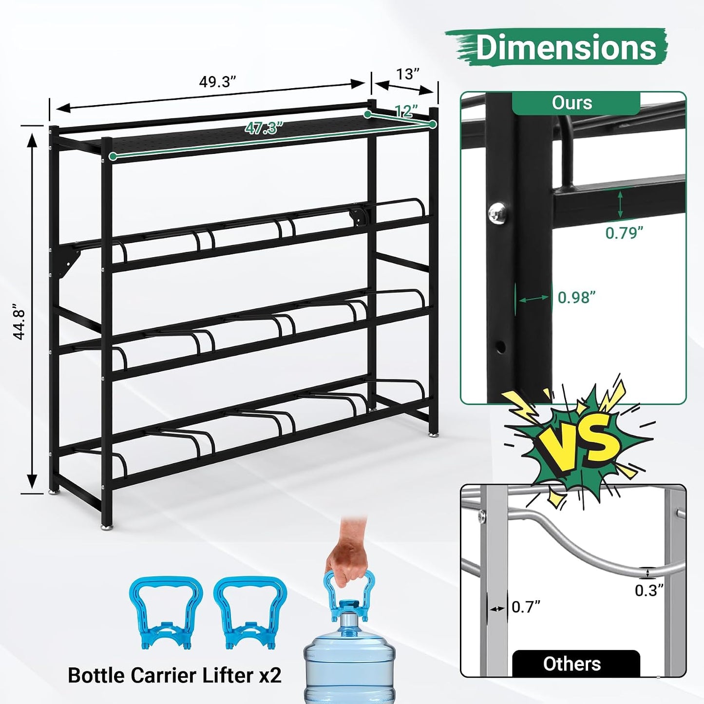 Soporte jarra agua 5gal 4 niveles pared 12 botellas