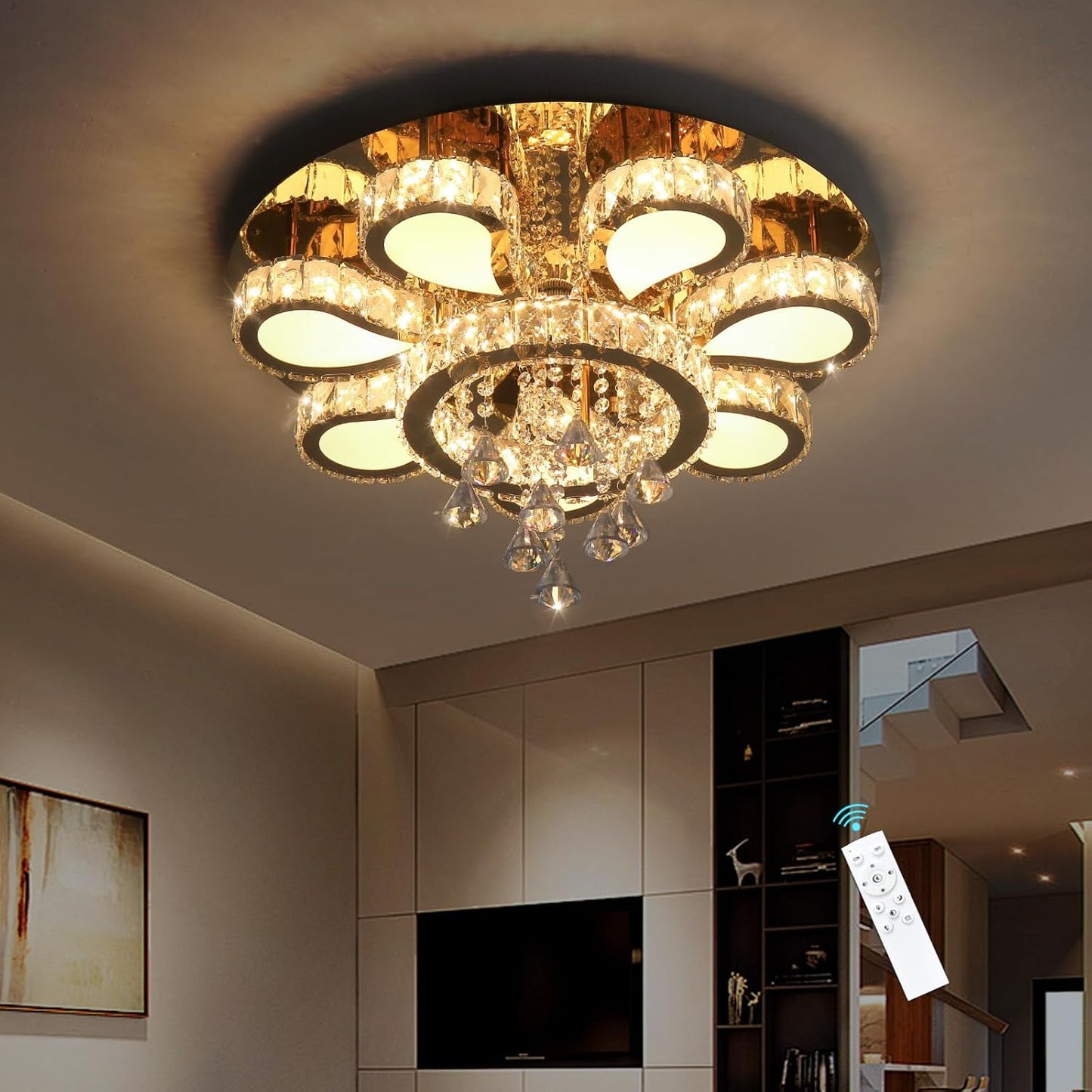 Candelabro cristal LED regulable control remoto sala comedor
