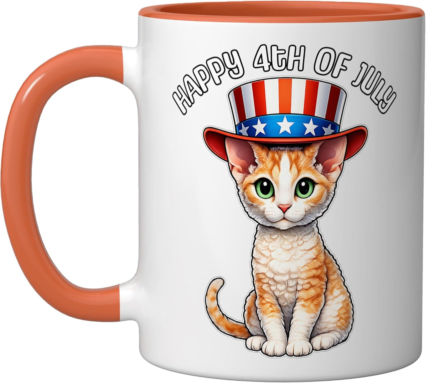 Taza Cerámica Día de la Independencia Gato Devon Rex Naranja/Blanco