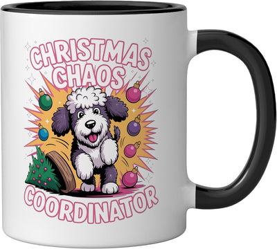 Taza cerámica Christmas Chaos Coordinator XMAS Puppy Sheepadoodle negra/blanca