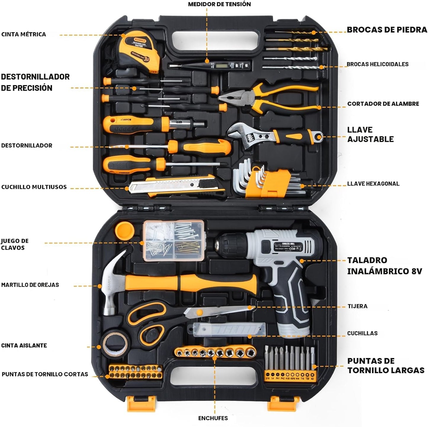 Set 180 Pzas Caja Herramientas Taladro Inalámbrico 8V