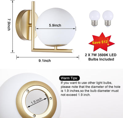 Lámpara pared Mid Century set 2 globo vidrio blanco