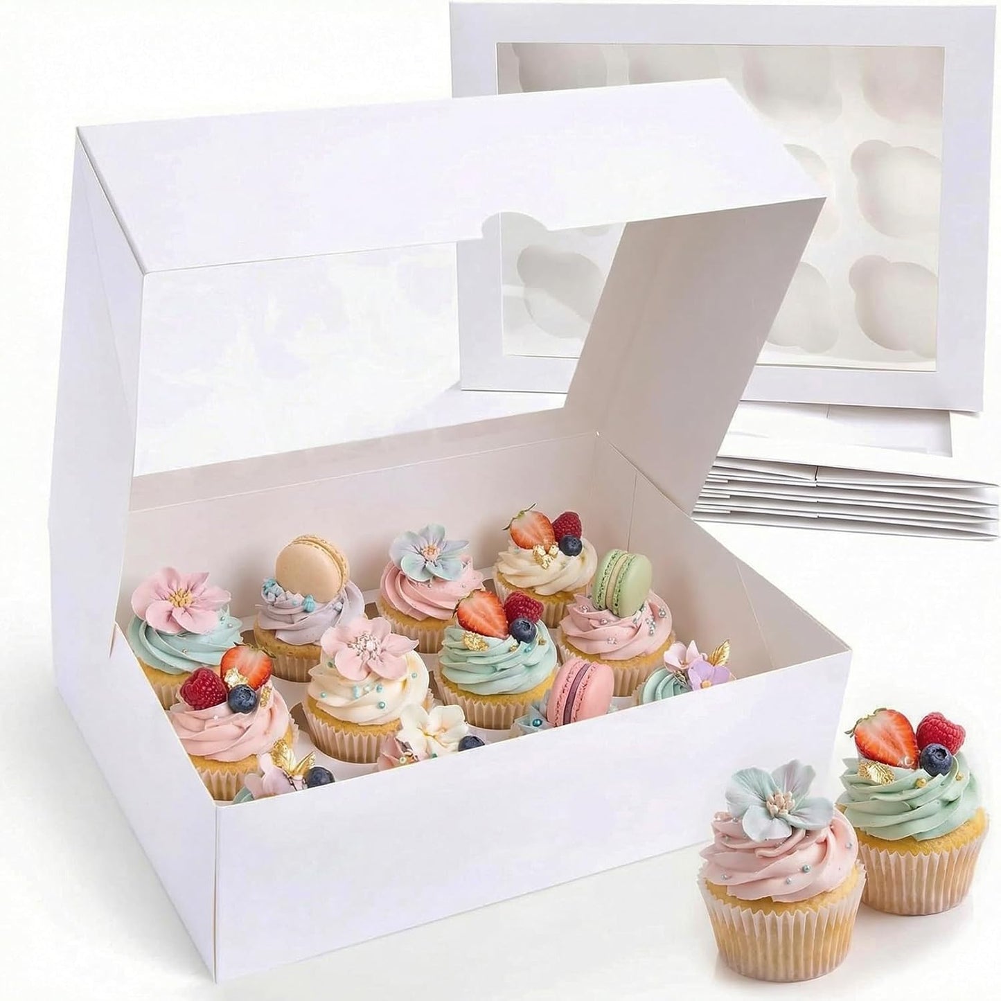 3 Pzas Contenedores Blancos Cupcakes 12uds Con Ventana