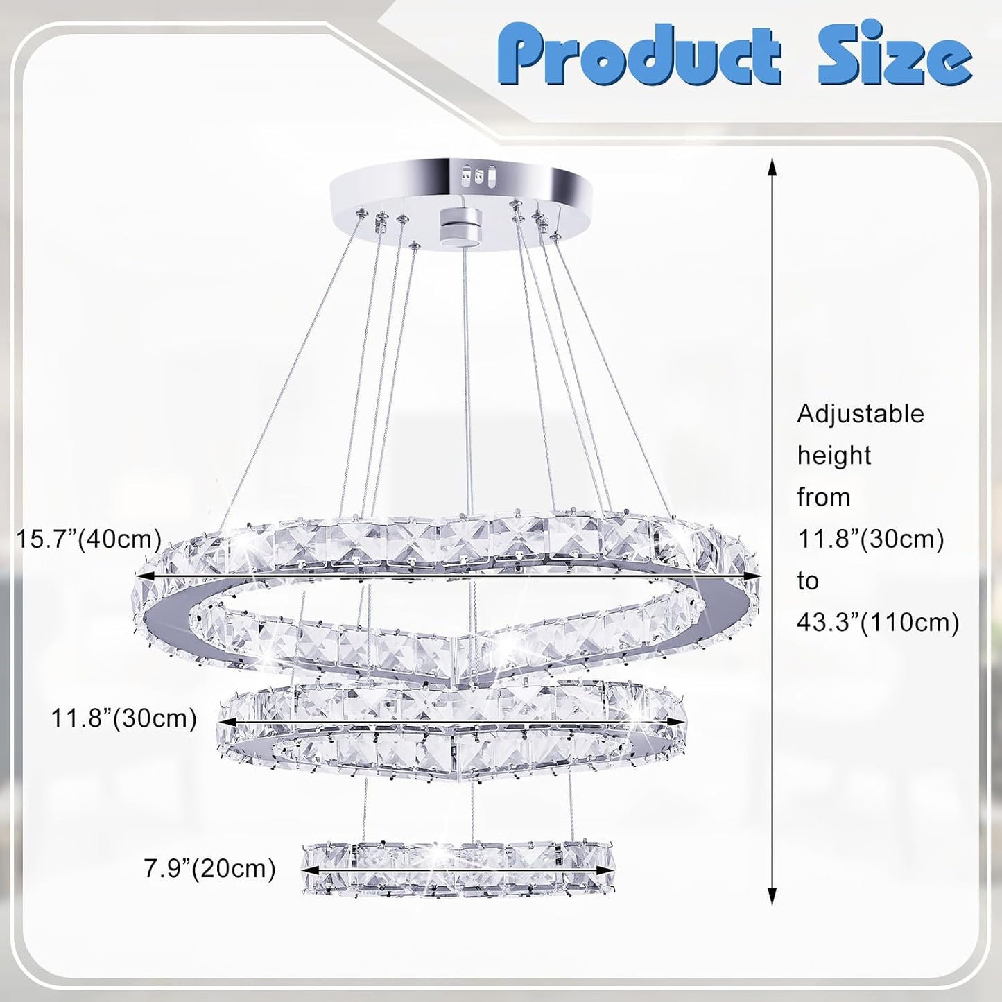 Candelabro cristal led 3 anillos acero inox sala comedor
