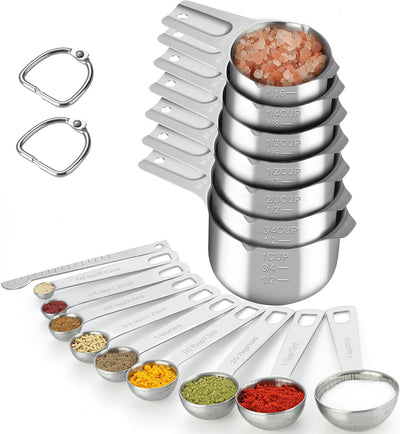 Set 17 Tazas y Cucharas Medidoras Acero Inox 18/8 Plateado