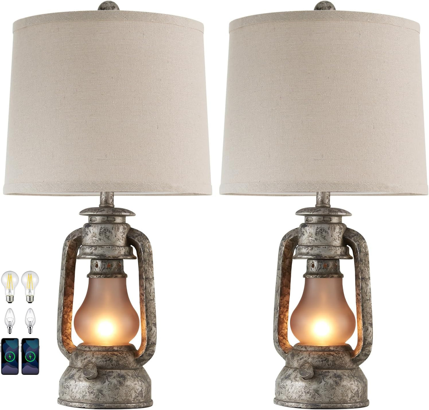 2 Lámparas Mesa Rústicas Estilo Farol con USB 4 Bombillas