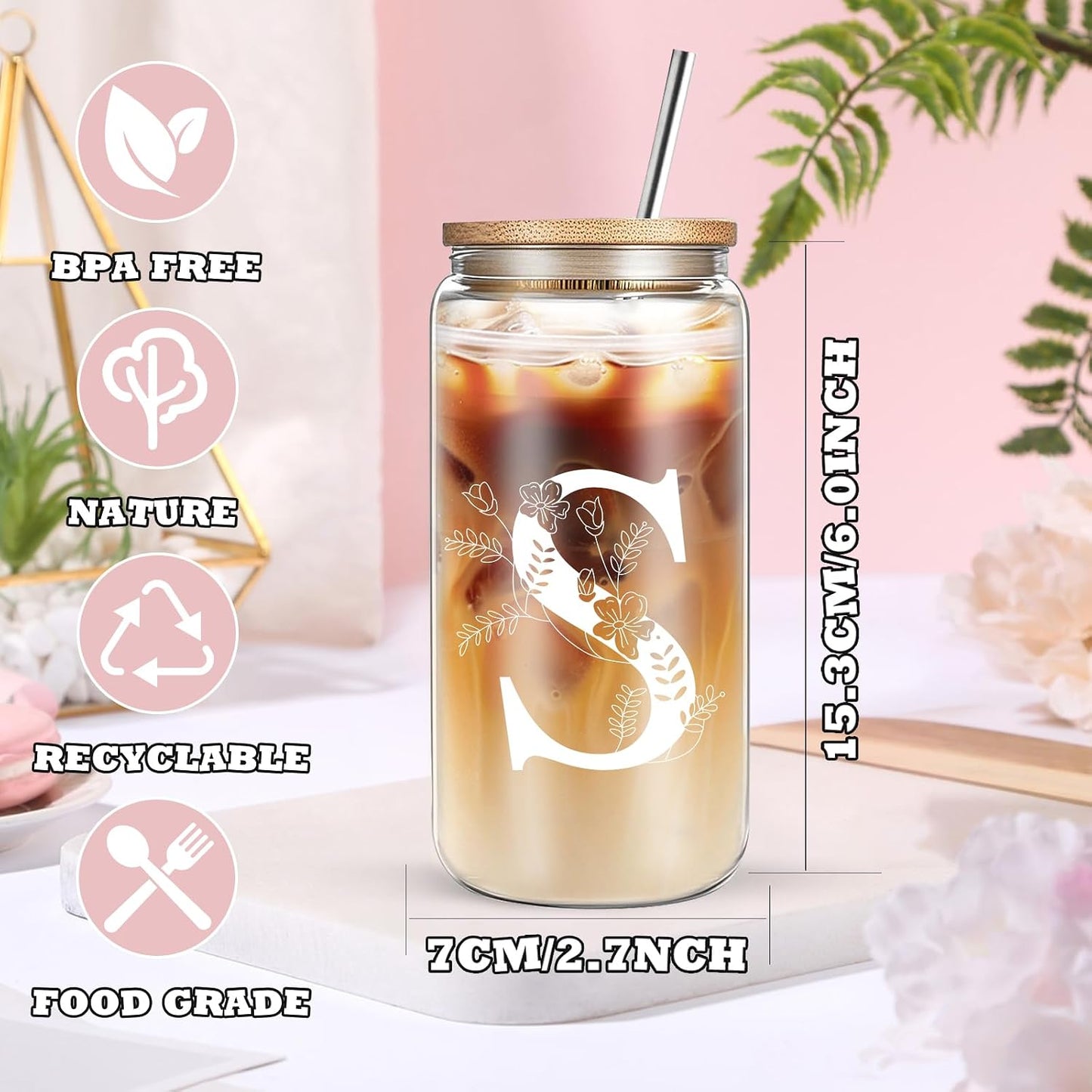 Taza cristal con inicial tapa pajita caja regalo monograma