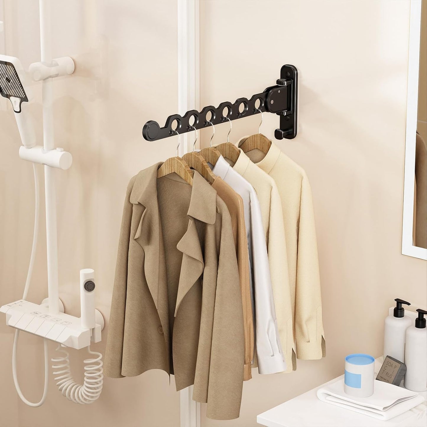 Perchero plegable para baño y lavandería con brazo oscilante