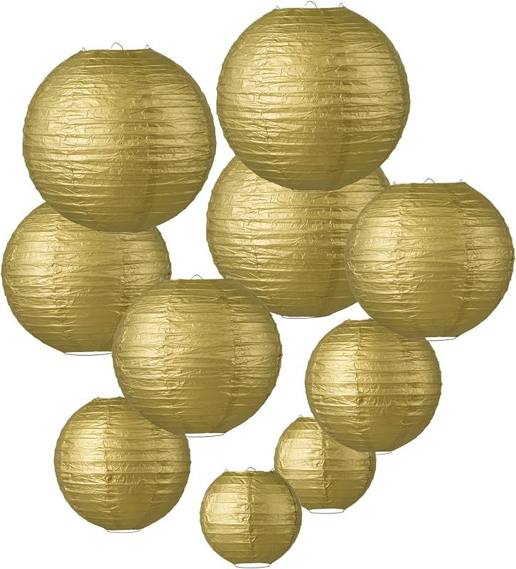 10 Linternas Papel Dorado Tamaño Mixto 6-12pulg Bodas Eventos