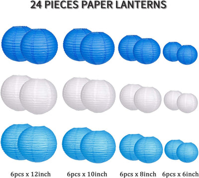 24 Linternas Papel Redondas Colgantes Boda Fiesta Azul Blanco