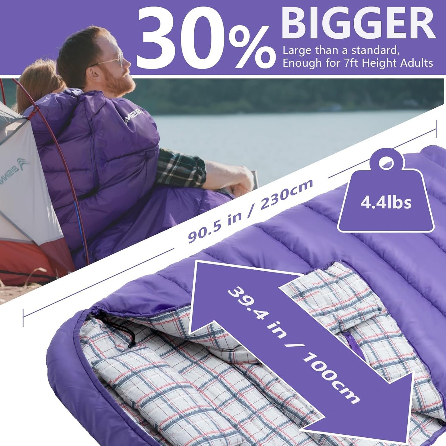 Saco dormir franela XXL 90.55x39.37pulg 3 estaciones