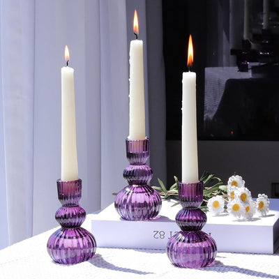 Set 3 portavelas vidrio acanalado 4.3pulg morado para velas cónicas