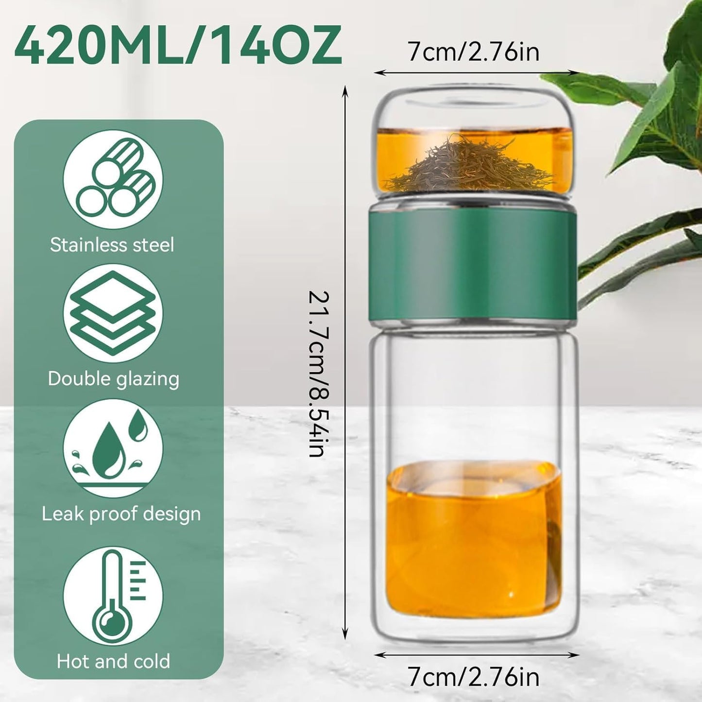 Botella infusora té vidrio 3en1 14oz doble capa vaso verde