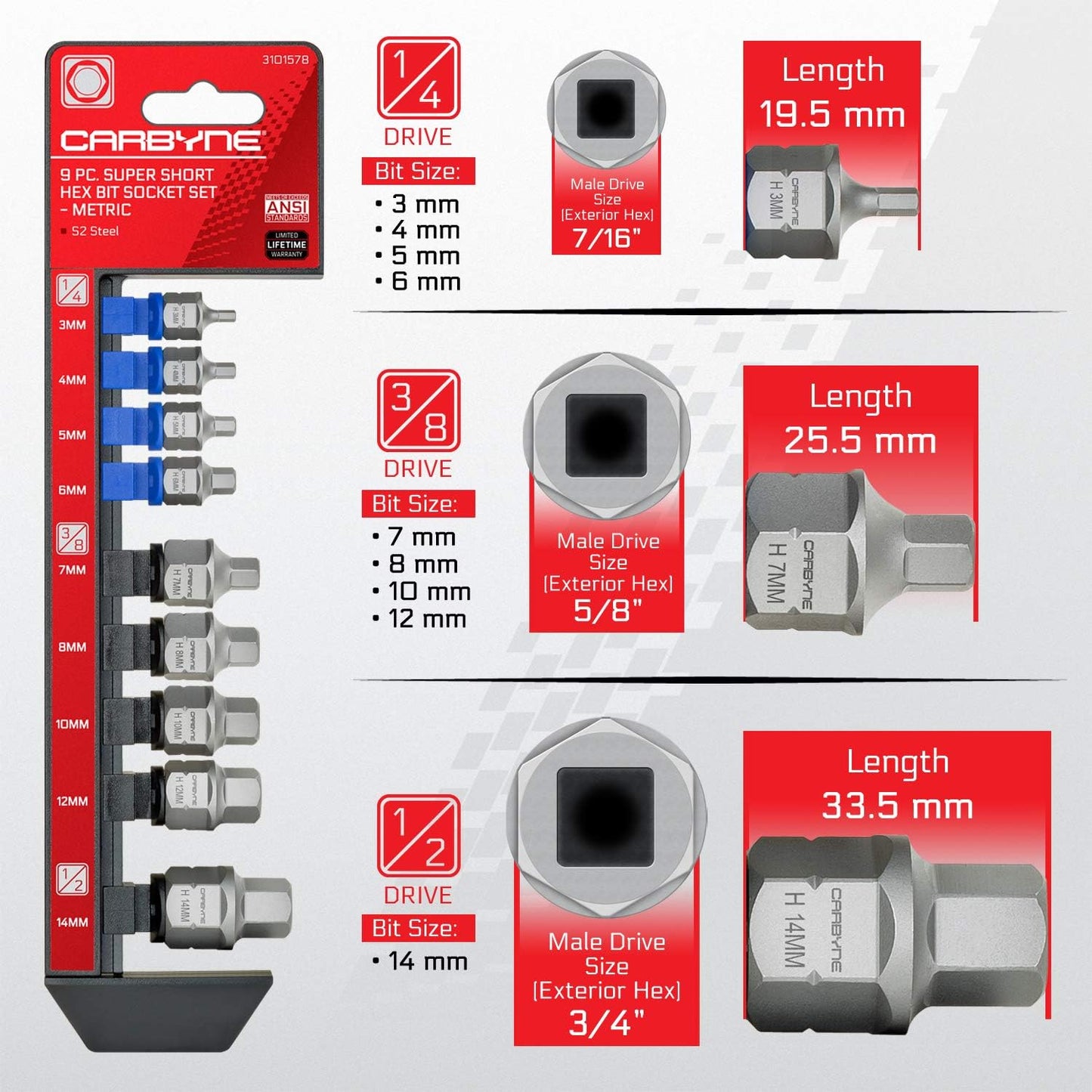 Set dados hexagonales 9 pzas 0.118-0.551pulg