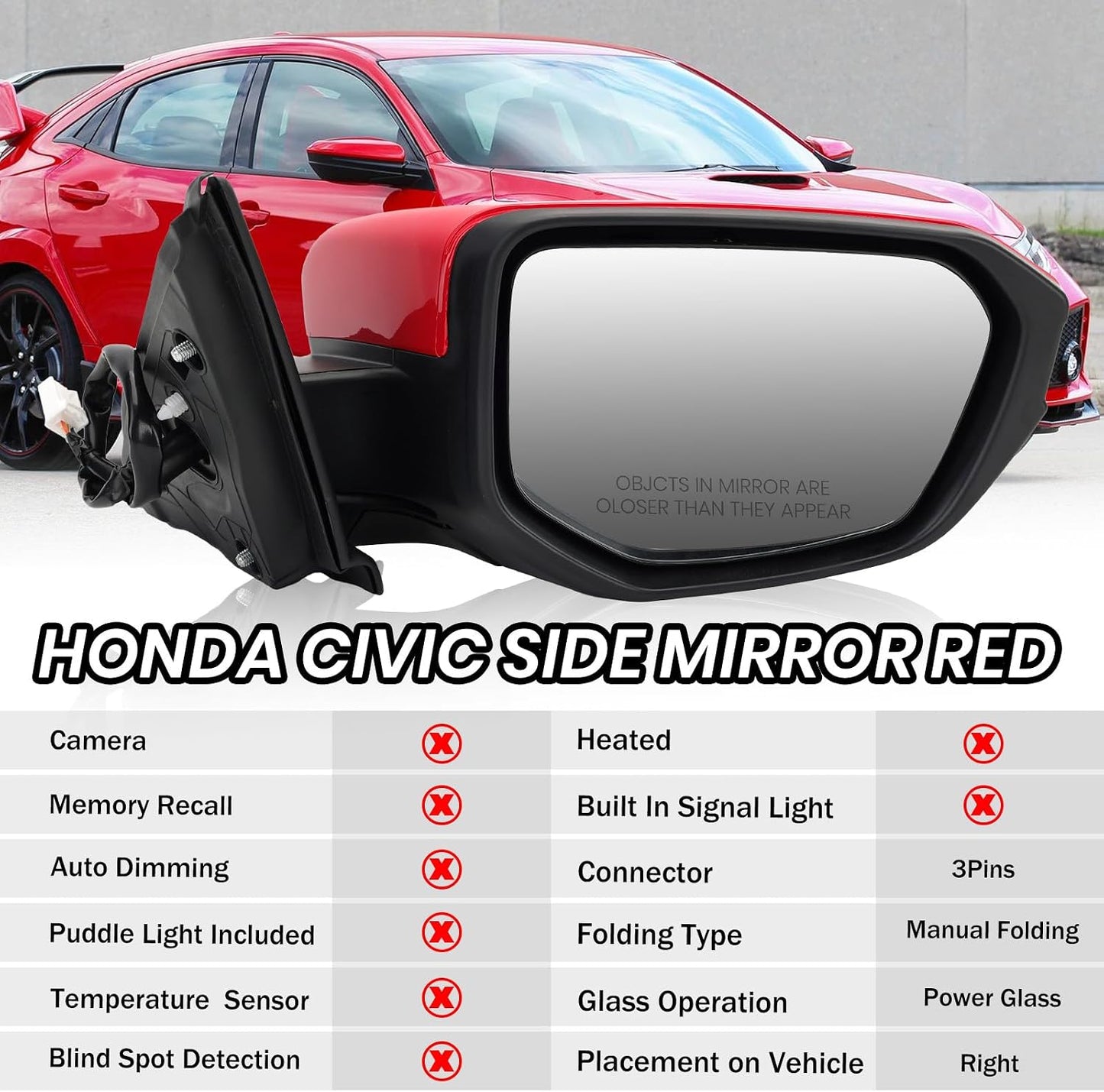Espejo lateral pasajero Honda Civic 2016-21 plegable rojo