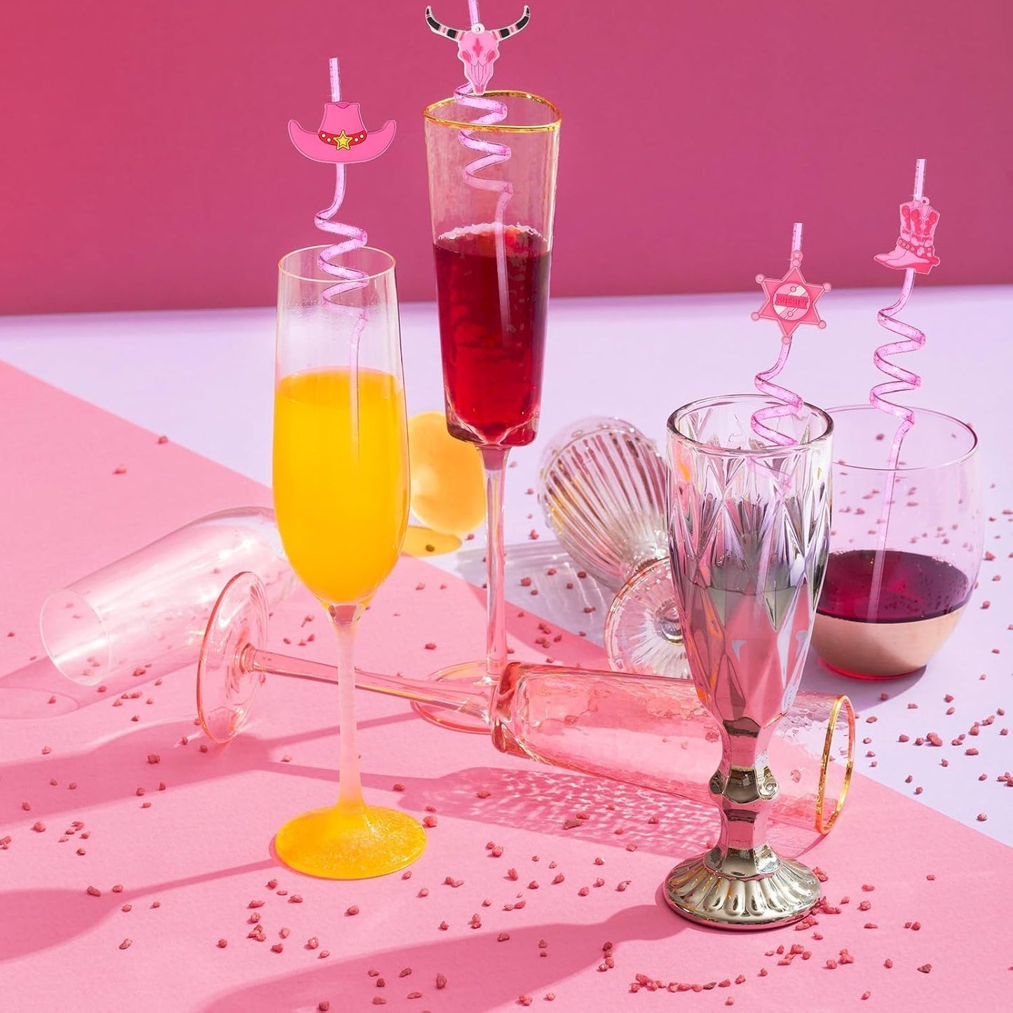 24 Pzas Pajitas Rosadas Reutilizables para Fiesta Vaquera