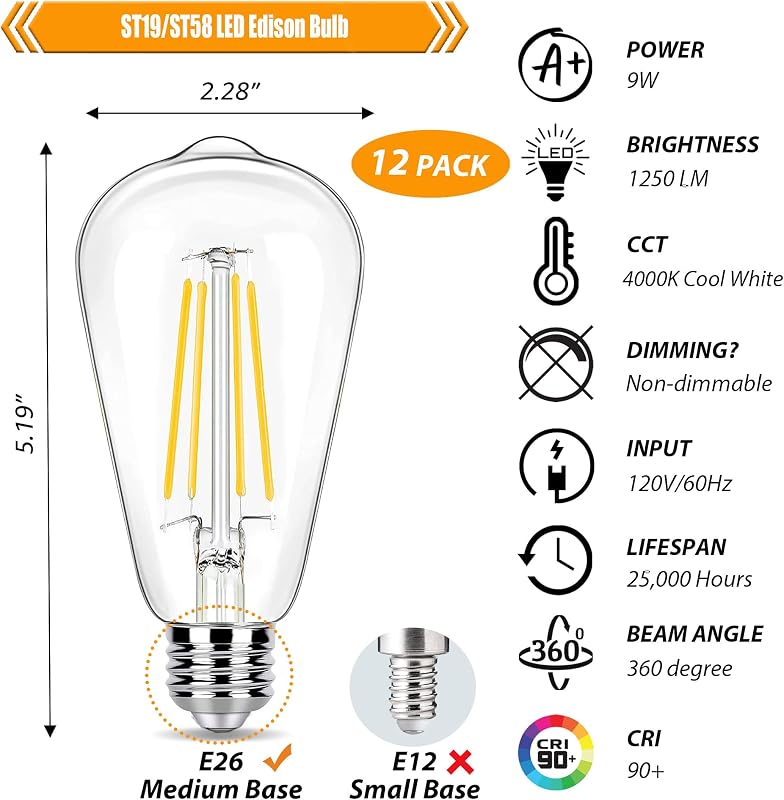 12 Bombillas LED Edison E26 4000K