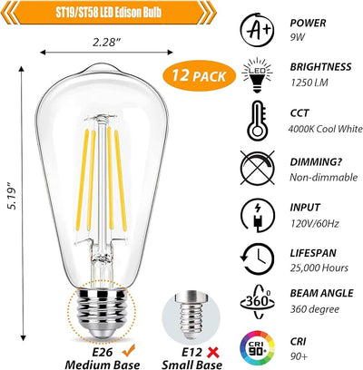 12 Bombillas LED Edison E26 4000K