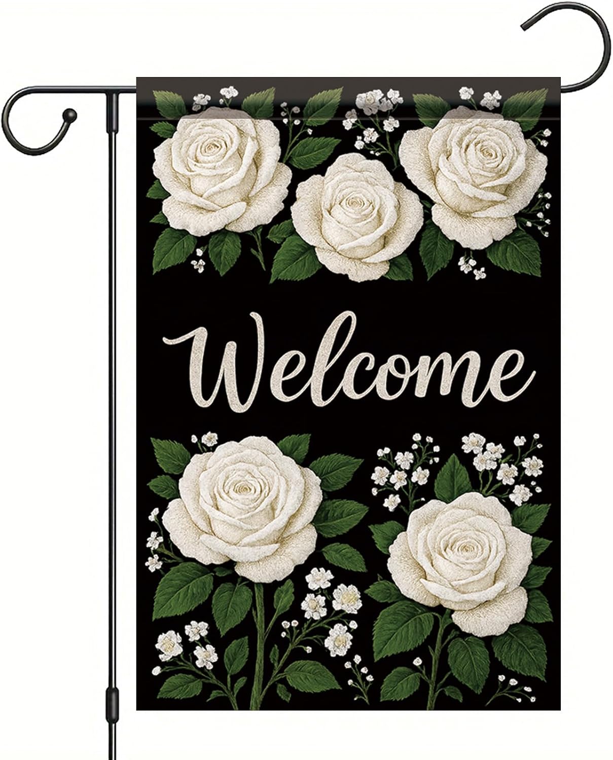 Bandera bienvenida rosas blancas 12x18pulg doble cara