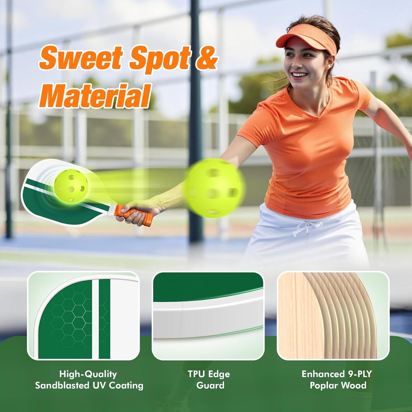 Set 4 palas pickleball madera premium con 4 pelotas y bolsa