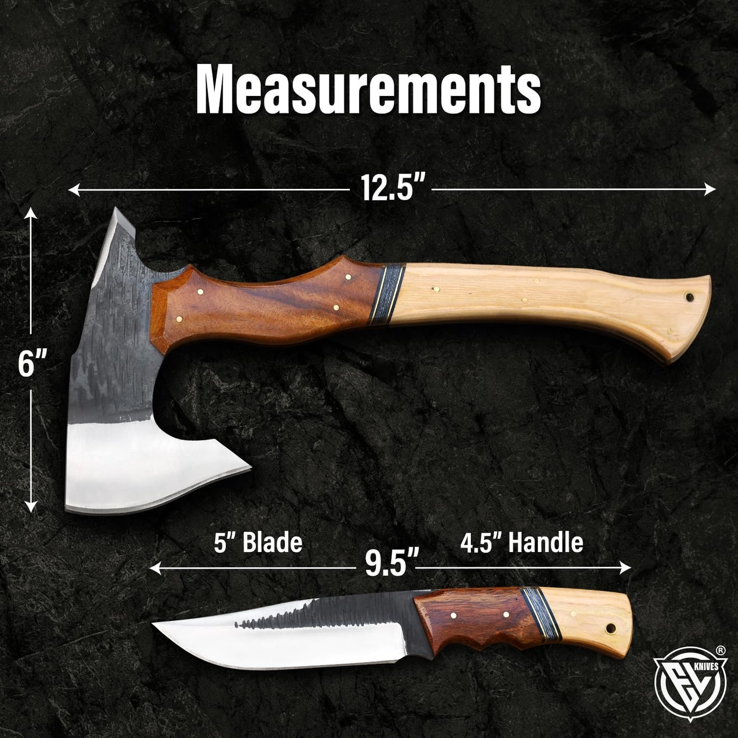 Set cuchillos Tomahawk acero D2 funda cuero hombre