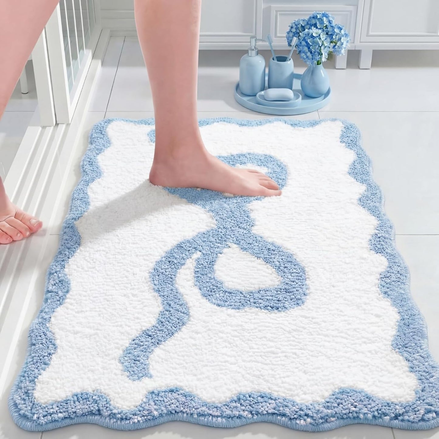 Alfombra baño lazo azul 20x32pulg antideslizante microfibra