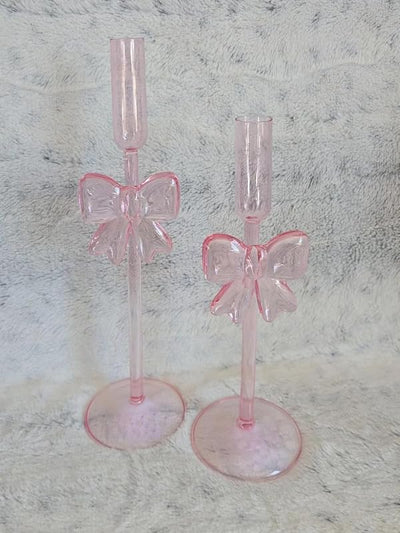 Portavelas cristal con lazo para candelabros rosa set 2