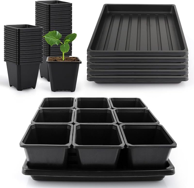 50 Macetas Cuadradas 3.5pulg con 5 Bandejas Germinación