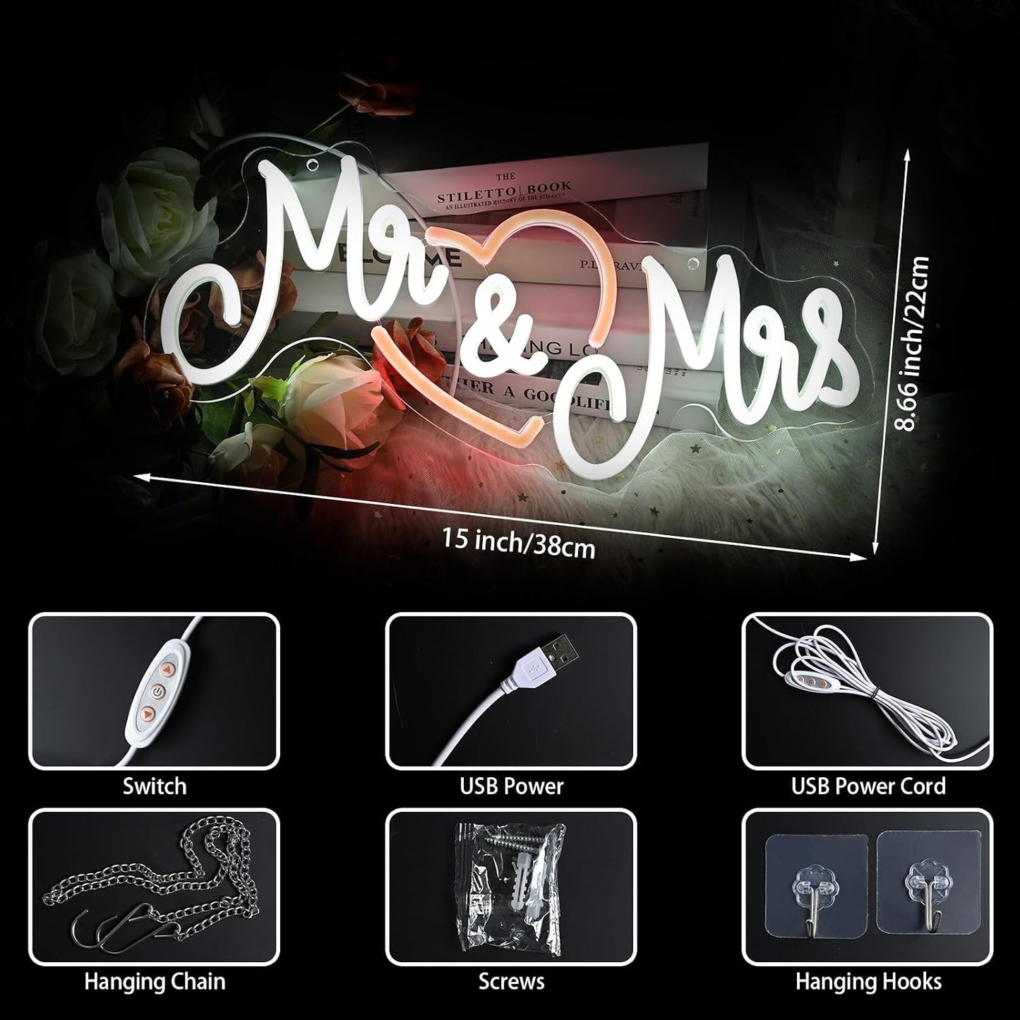 Letrero neón Mr & Mrs con corazón USB para bodas y fiestas