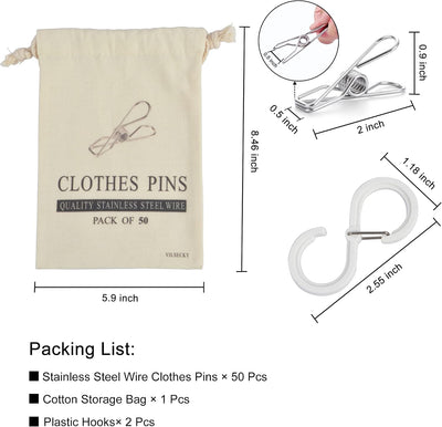 50 Pinzas Ropa Sucia Acero Inox Alambre con Bolsa y Ganchos