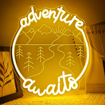Letrero neón Adventure Awaits LED amarillo para RV y fiestas