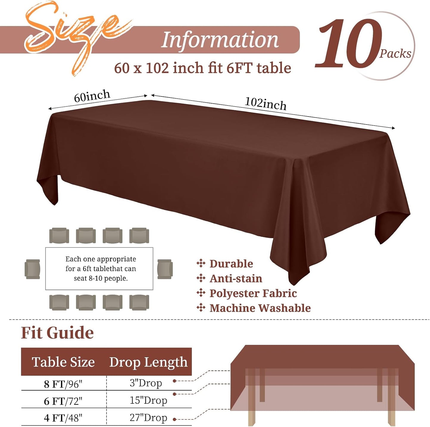 Set 10 Manteles Poliéster 60x102pulg Marrón para Comedor
