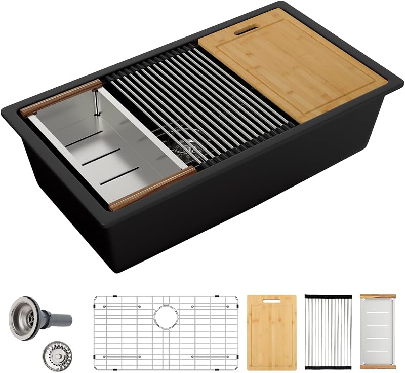 Fregadero cocina negro 28x19" compuesto cuarzo