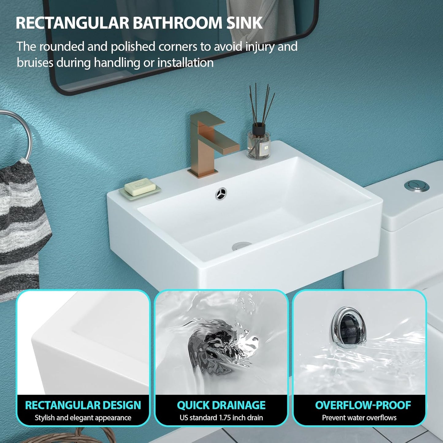 Fregadero baño pared 20x16pulg rectangular flotante ADA