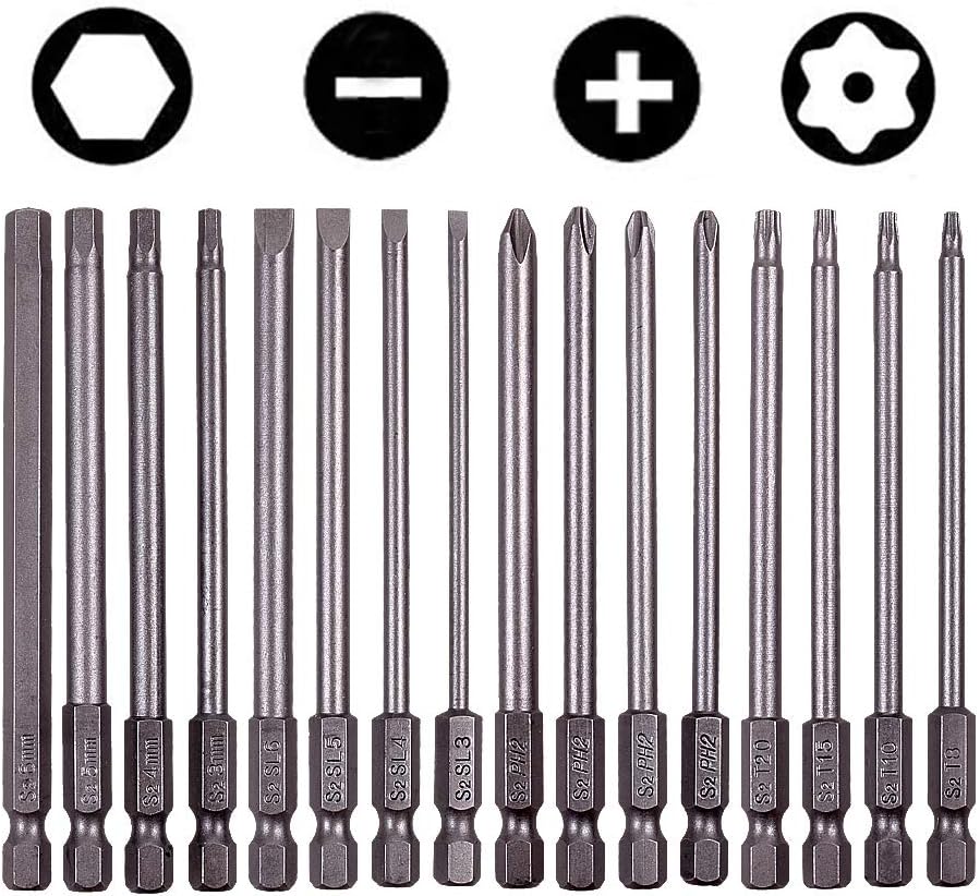 Set 16 puntas destornillador magnéticas 1/4 pulg vástago hex 4 pulg