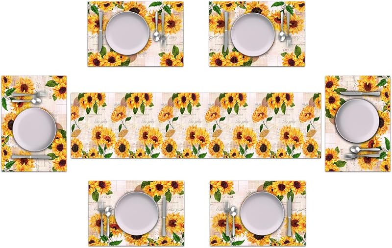 Set 6 caminos mesa manteles vintage girasol amarillo lino