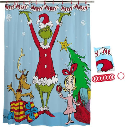 Set 13 Pzas Cortinas Ducha 72x72pulg Dr. Seuss The Grinch