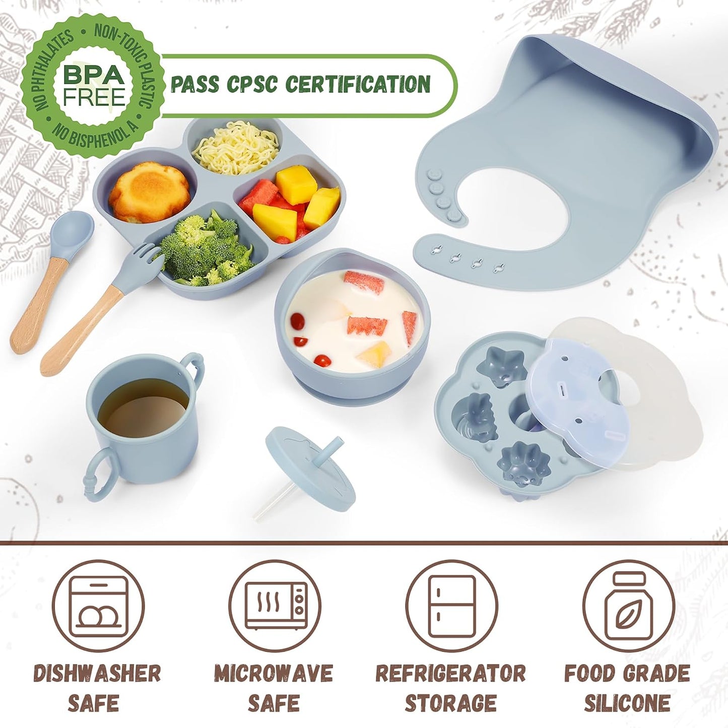 Set alimentación bebé silicona cuenco cucharas tenedor