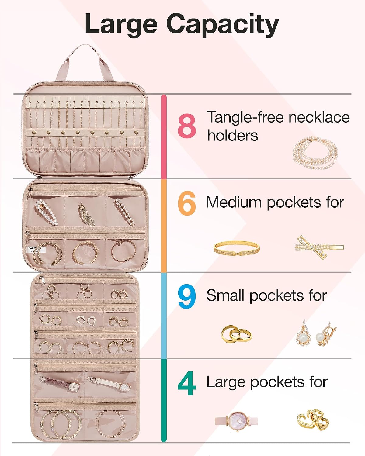 Bolsa joyas colgante con cremallera gran capacidad rosa