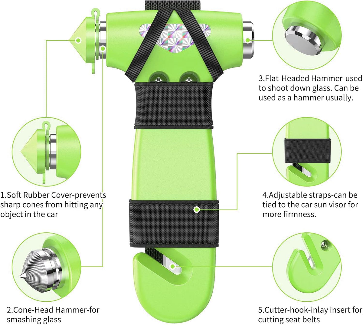 Martillo escape 3en1 rompeventanas corta cinturón seguridad verde