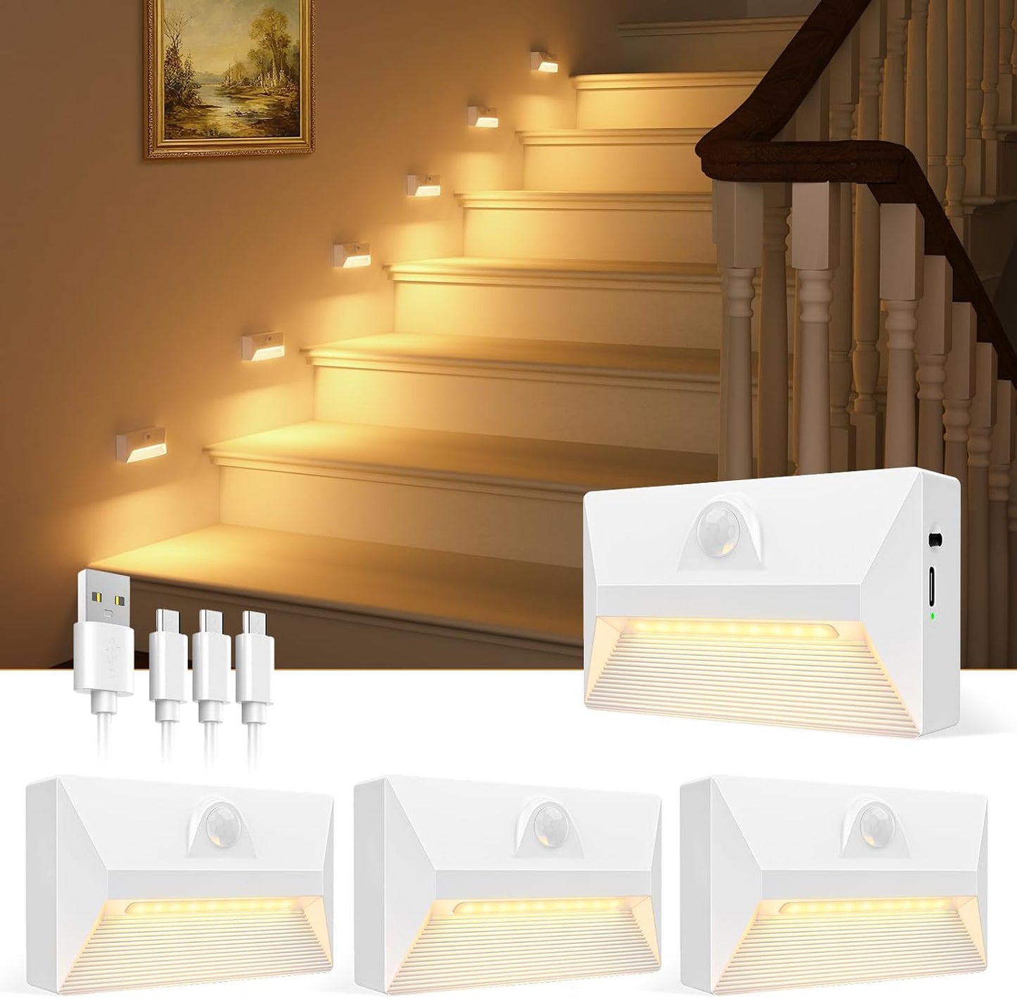 Luz escalera sensor movimiento recargable 4uds 3 modos