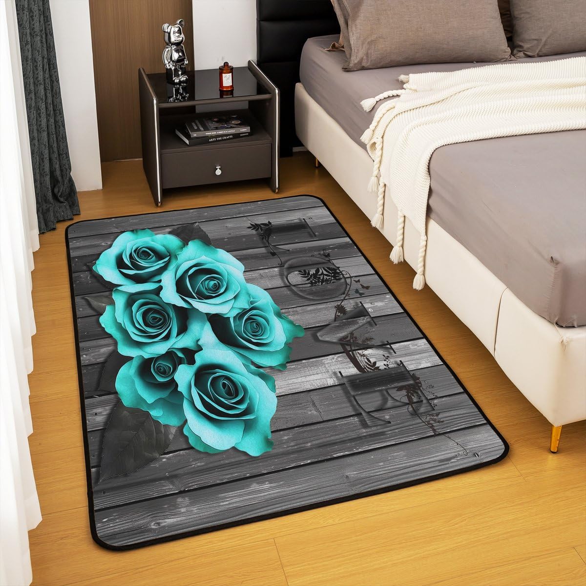 Alfombra gris turquesa con rosas 5x7pulg para mesita noche