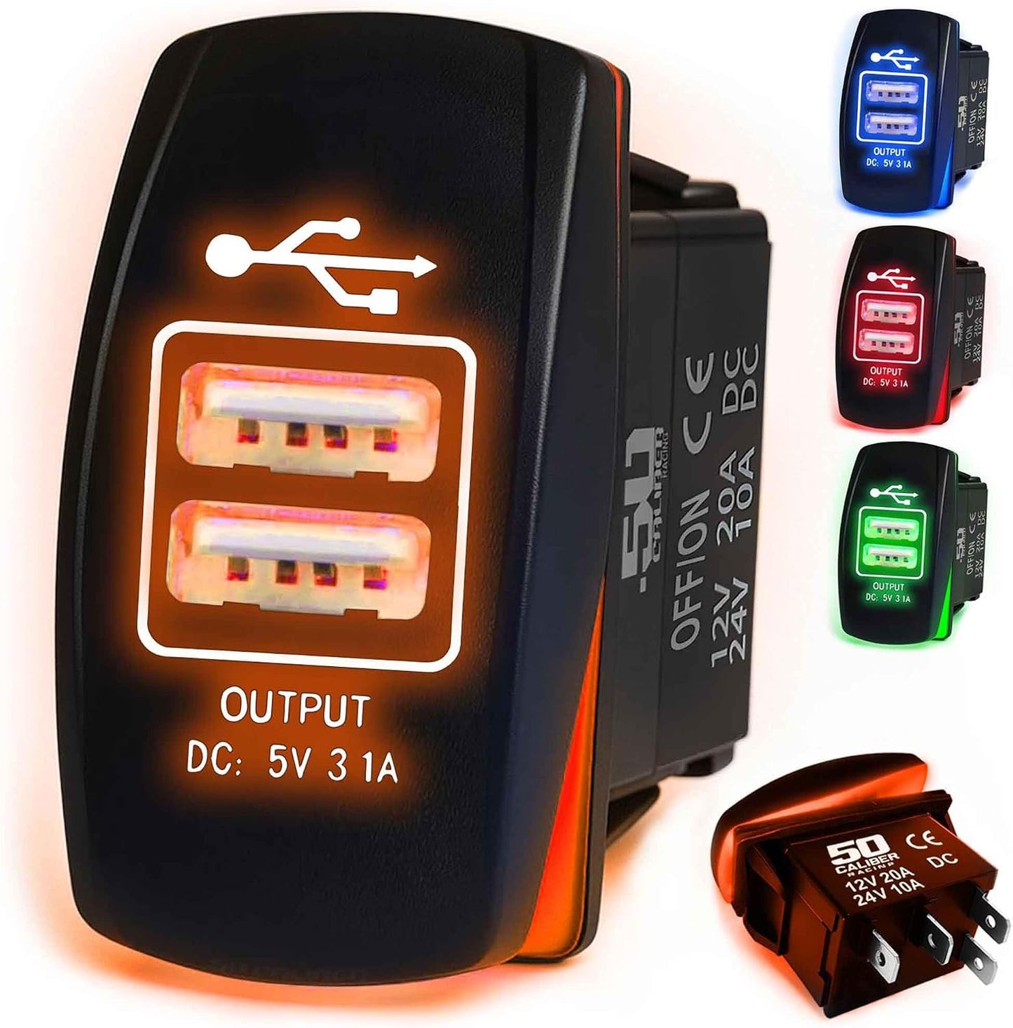 Cargador USB 12V para interruptor basculante 20A naranja