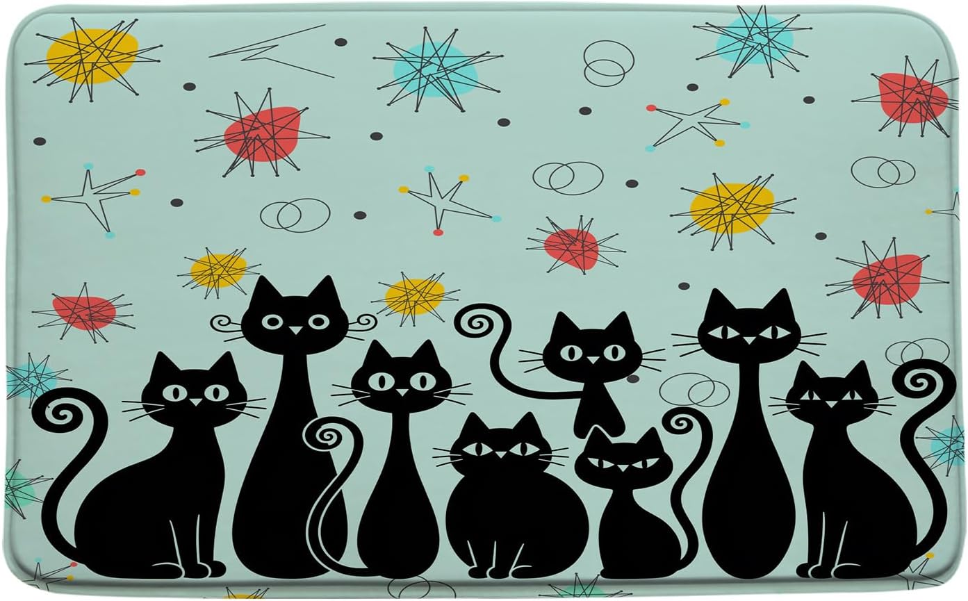 Tapete baño retro diseño gato atómico Sputnik negro microfibra