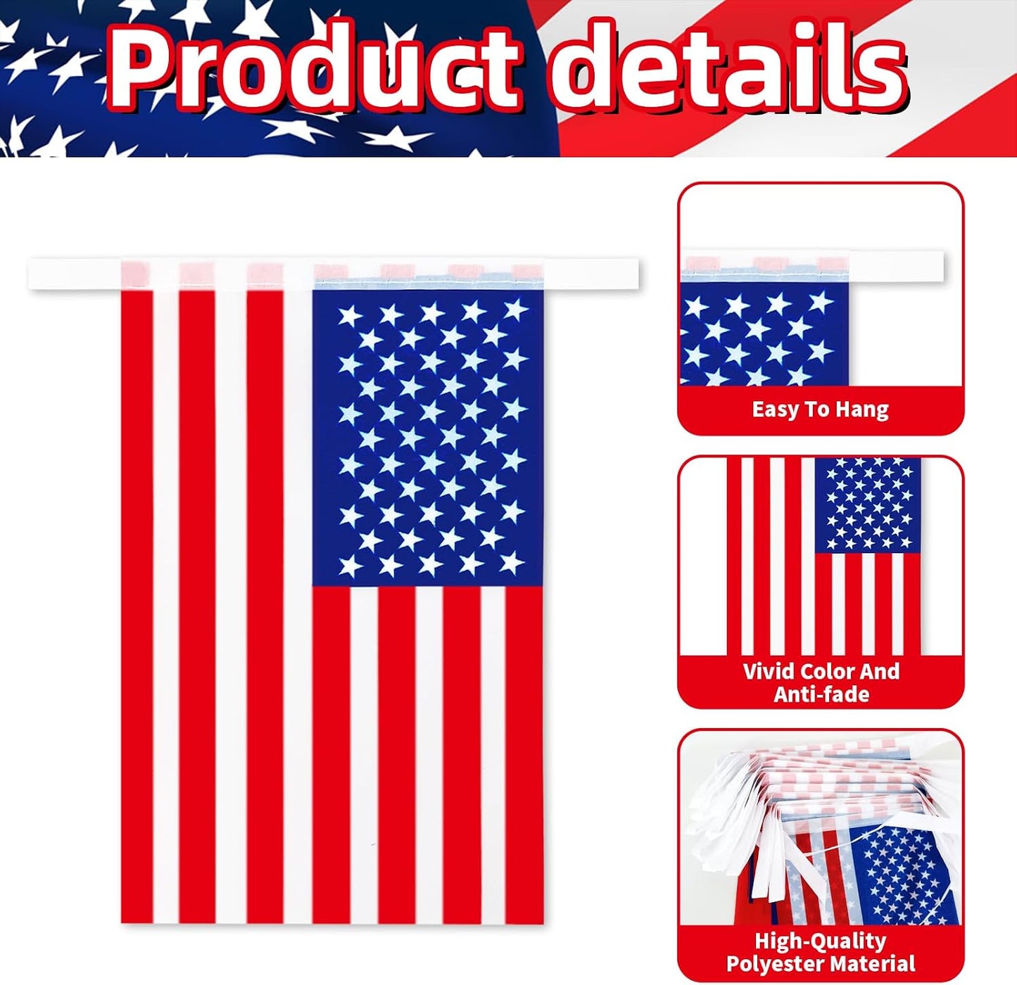 Banderines 30 mini cuerda 32.8ft rojos blancos azules 4 de Julio