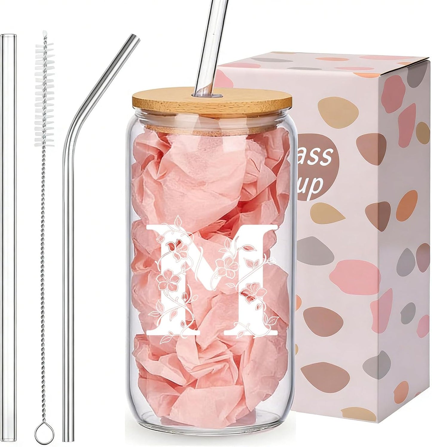 Taza vidrio con monograma tapa pajita regalo mujer