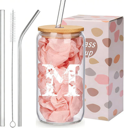 Taza vidrio con monograma tapa pajita regalo mujer